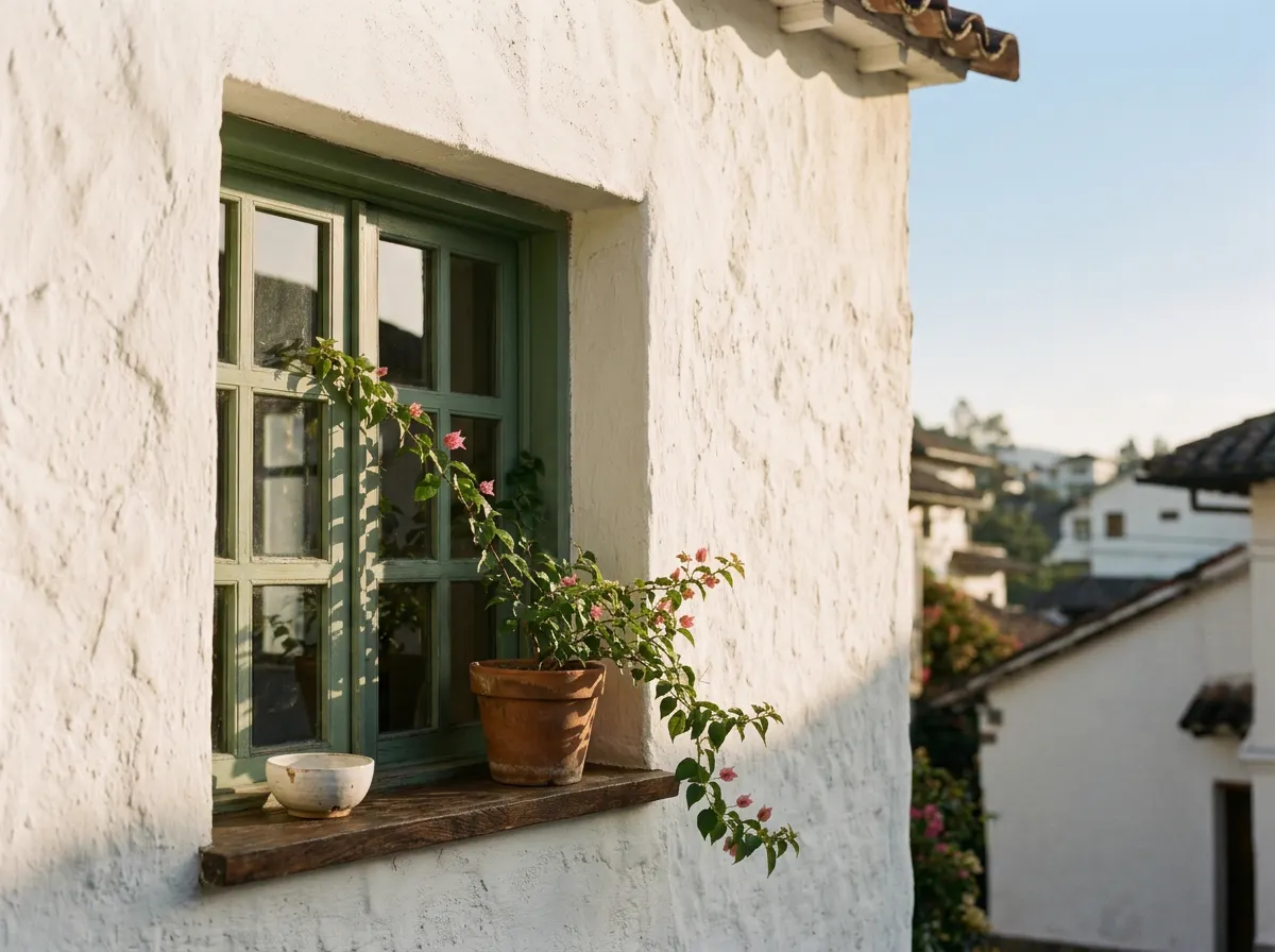 Esquina encalada de la casa con una ventana de madera verde y una maceta de barro