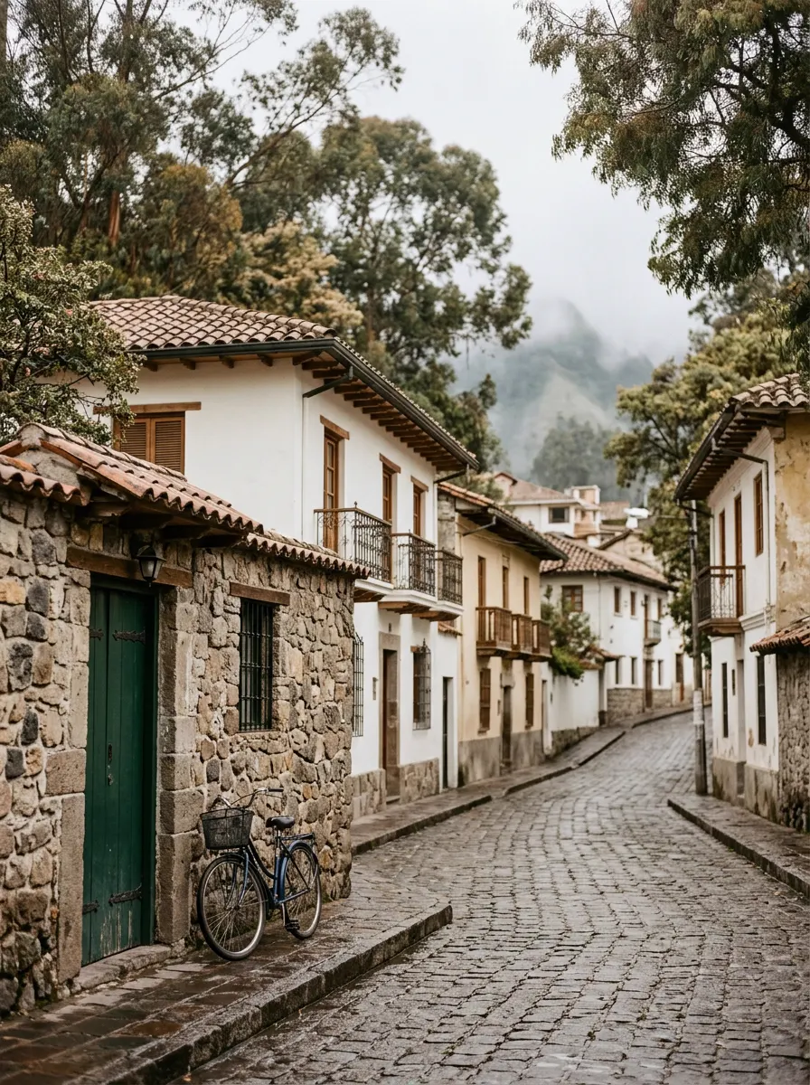 Calle arbolada de La Floresta con casas bajas y muros pintados a primera hora