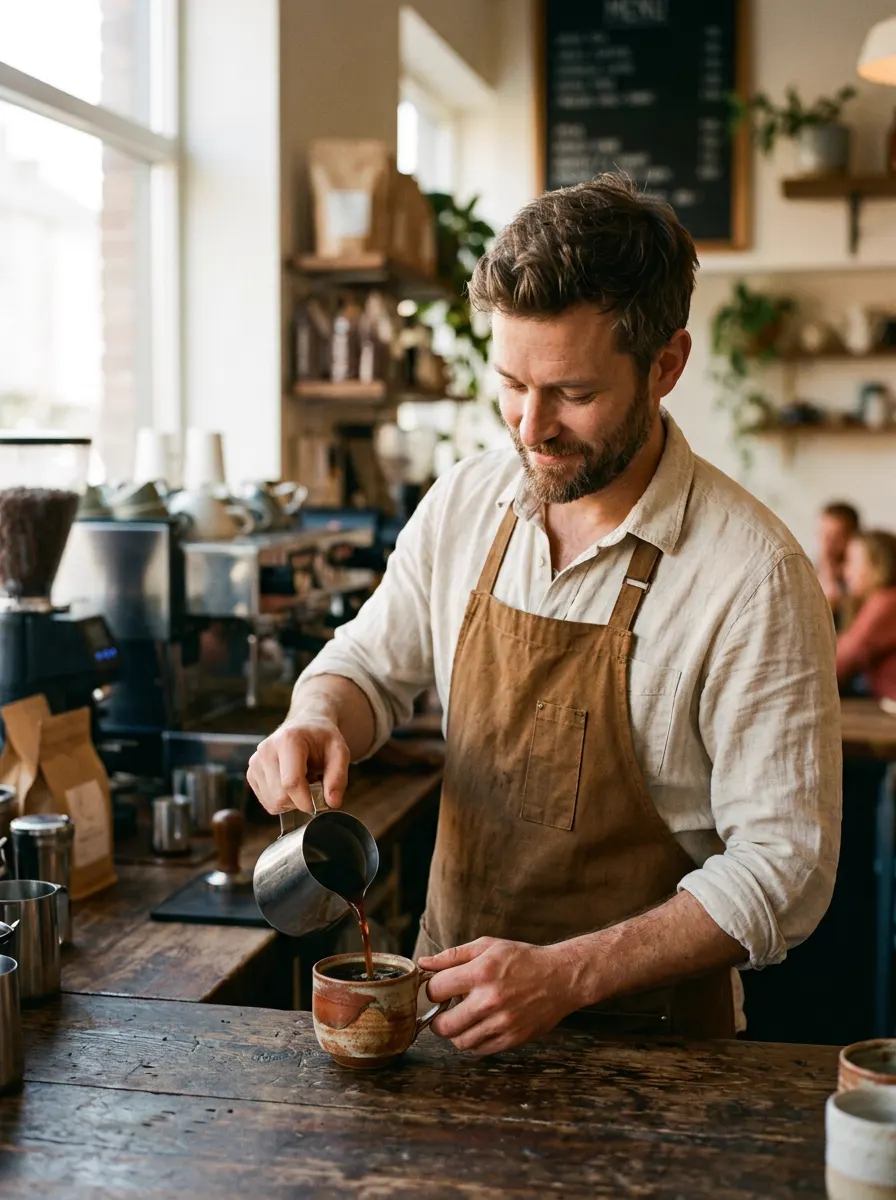 Retrato de un barista sirviendo café de filtro detrás de una barra de madera