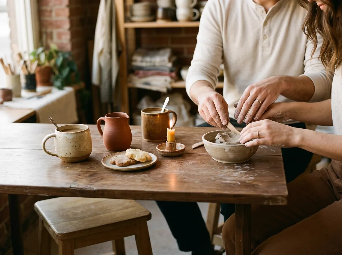 Mesa larga de madera preparada con barro, herramientas y tazas para un grupo