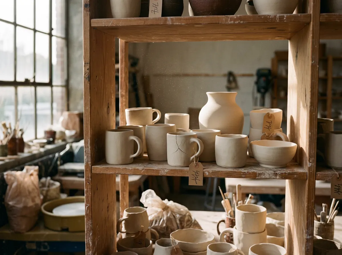 Estantería de madera con tazas y cuencos sin esmaltar secándose