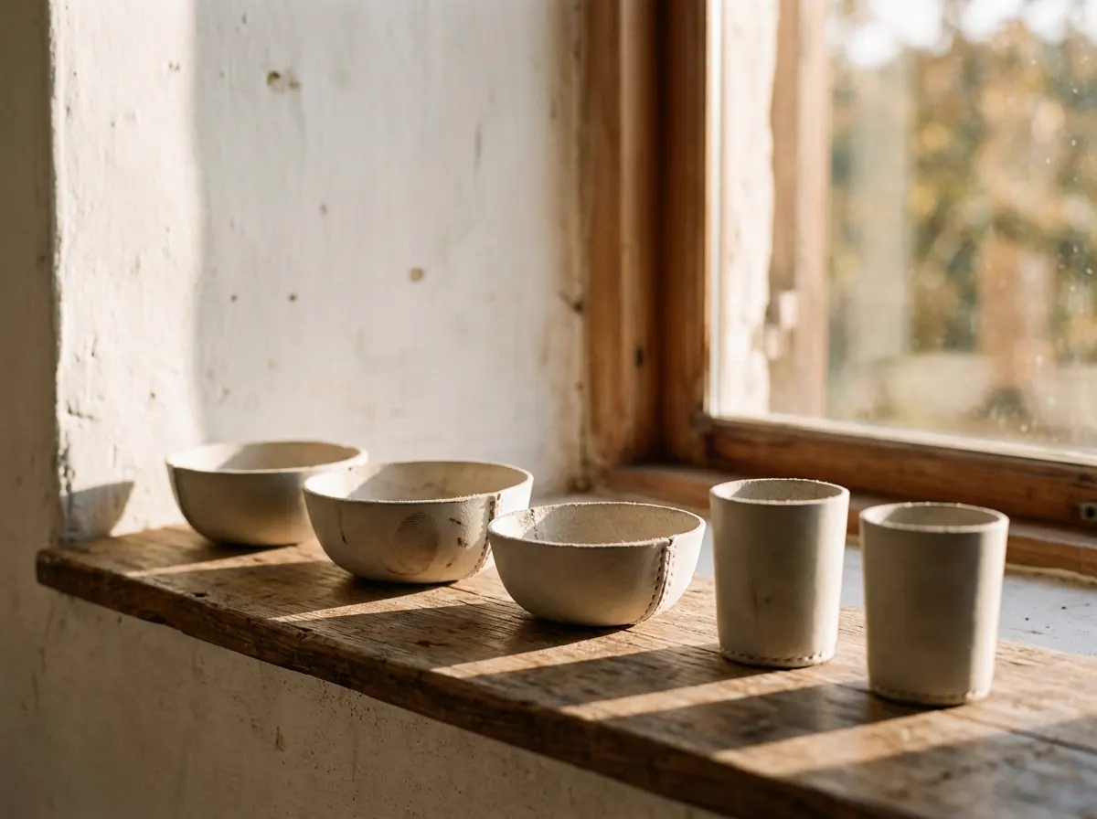 Cuencos y tazas sin esmaltar secándose junto a una ventana