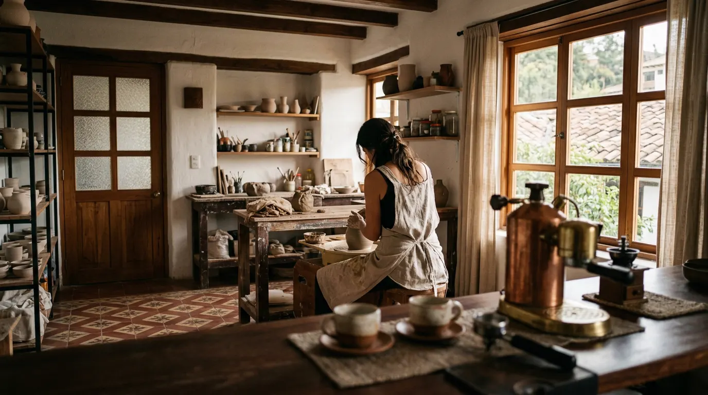Barra de café de madera en primer plano y el taller de cerámica al fondo